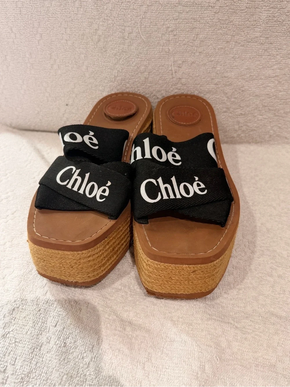 Chloé Black Logo Ribbon Espadrille Platform Sandals